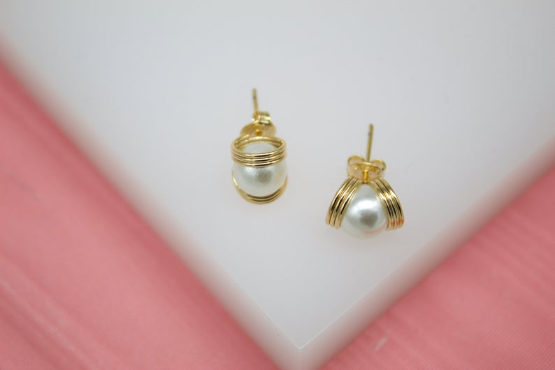 18K Gold Filled Pearl Stud Earrings With Golden Rings MIA Jewelry