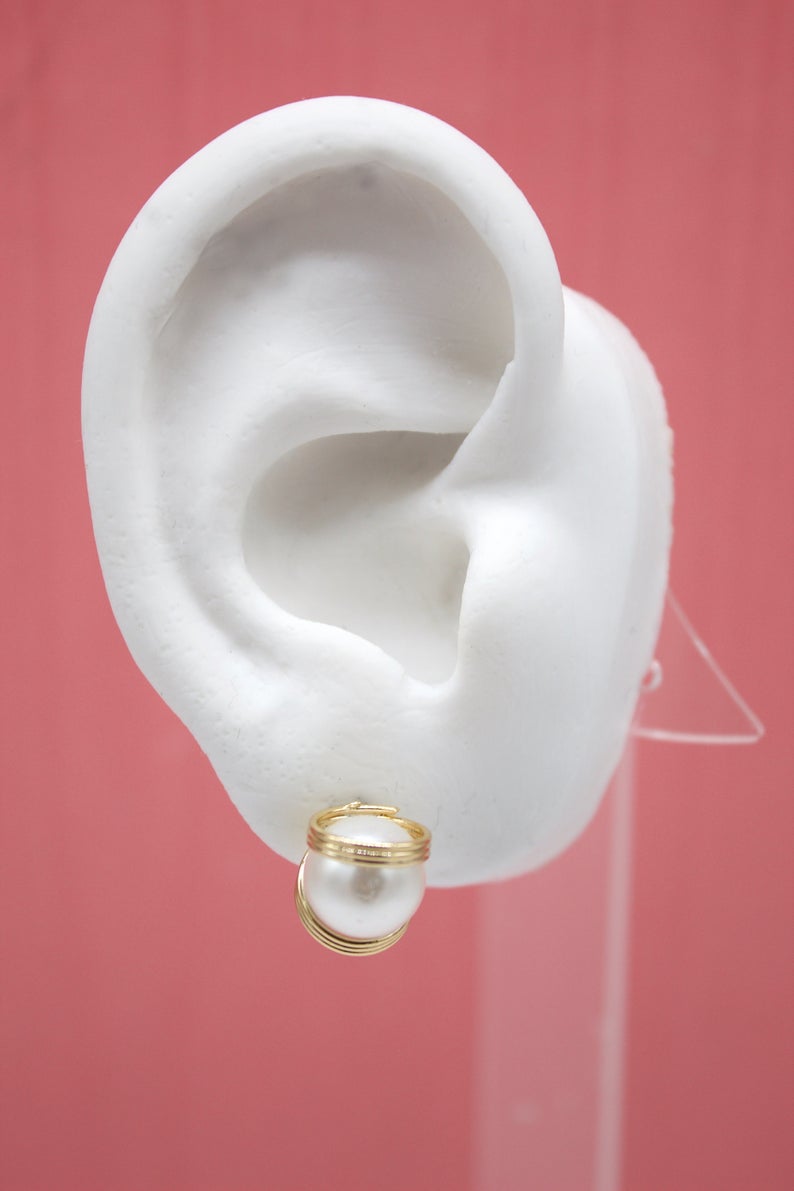 18K Gold Filled Pearl Stud Earrings With Golden Rings MIA Jewelry