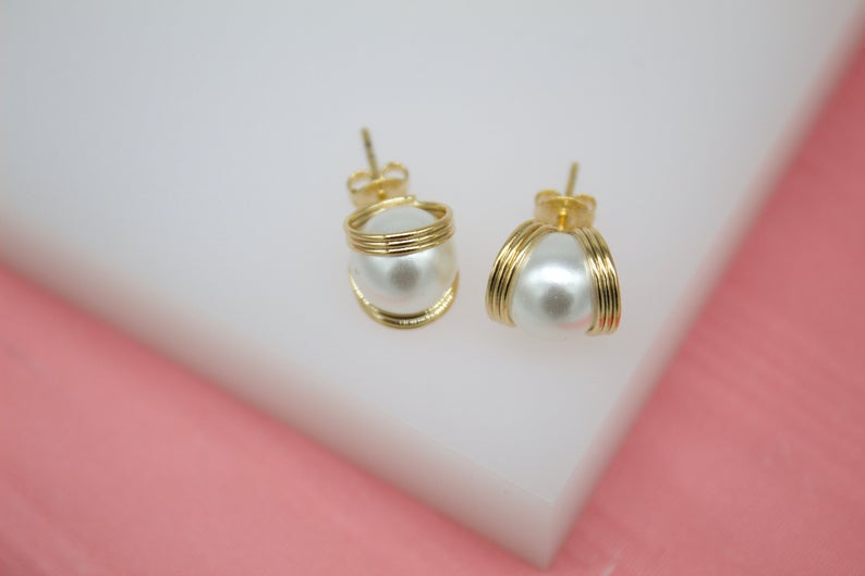 18K Gold Filled Pearl Stud Earrings With Golden Rings MIA Jewelry