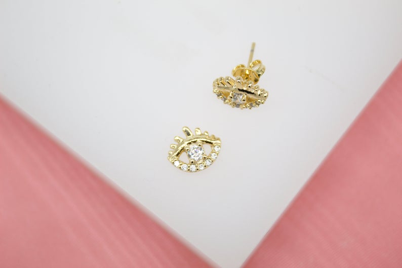 18K Gold Filled Evil Eye Stud Earrings With Clear CZ Stones (L76) MIA Jewelry