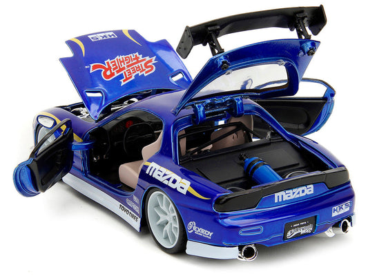1993 Mazda RX-7 Candy Blue Metallic with Graphics and Chun-Li Diecast Figure "Street Fighter" Video Game "Anime Hollywood Rides" Series 1/24 Diecast Model Car by Jada Jada
