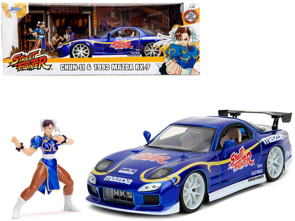 1993 Mazda RX-7 Candy Blue Metallic with Graphics and Chun-Li Diecast Figure "Street Fighter" Video Game "Anime Hollywood Rides" Series 1/24 Diecast Model Car by Jada Jada