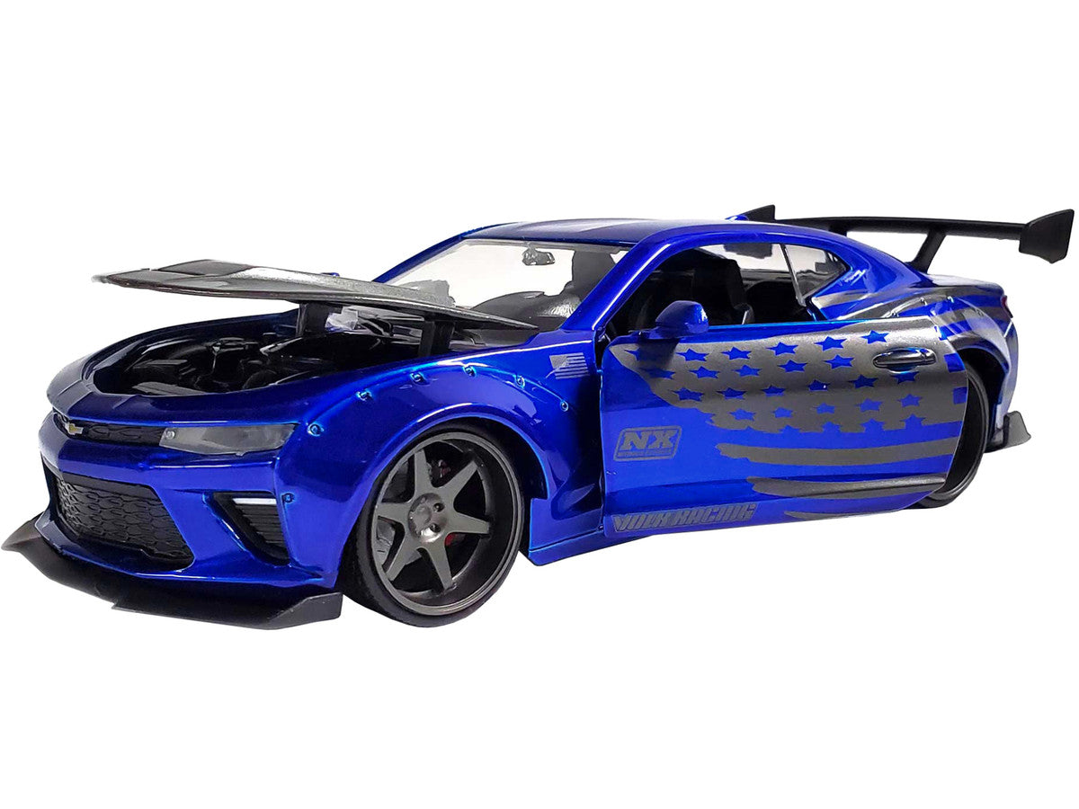 2016 Chevrolet Camaro Widebody Candy Blue with Gray Metallic Hood and American Flag Graphics "Bigtime Muscle" Series 1/24 Diecast Model Car by Jada Jada