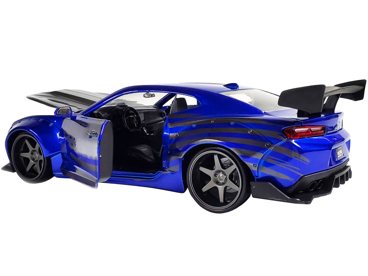 2016 Chevrolet Camaro Widebody Candy Blue with Gray Metallic Hood and American Flag Graphics "Bigtime Muscle" Series 1/24 Diecast Model Car by Jada Jada