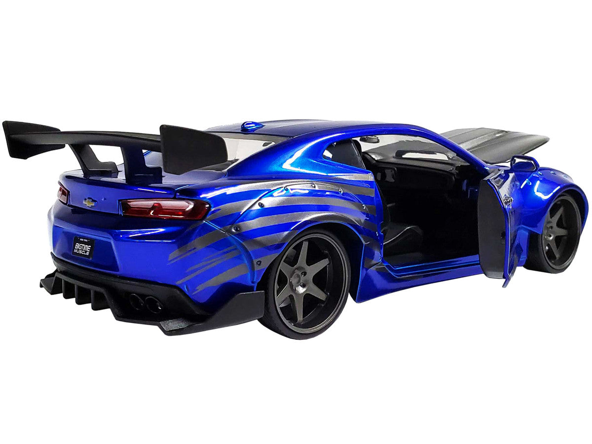 2016 Chevrolet Camaro Widebody Candy Blue with Gray Metallic Hood and American Flag Graphics "Bigtime Muscle" Series 1/24 Diecast Model Car by Jada Jada