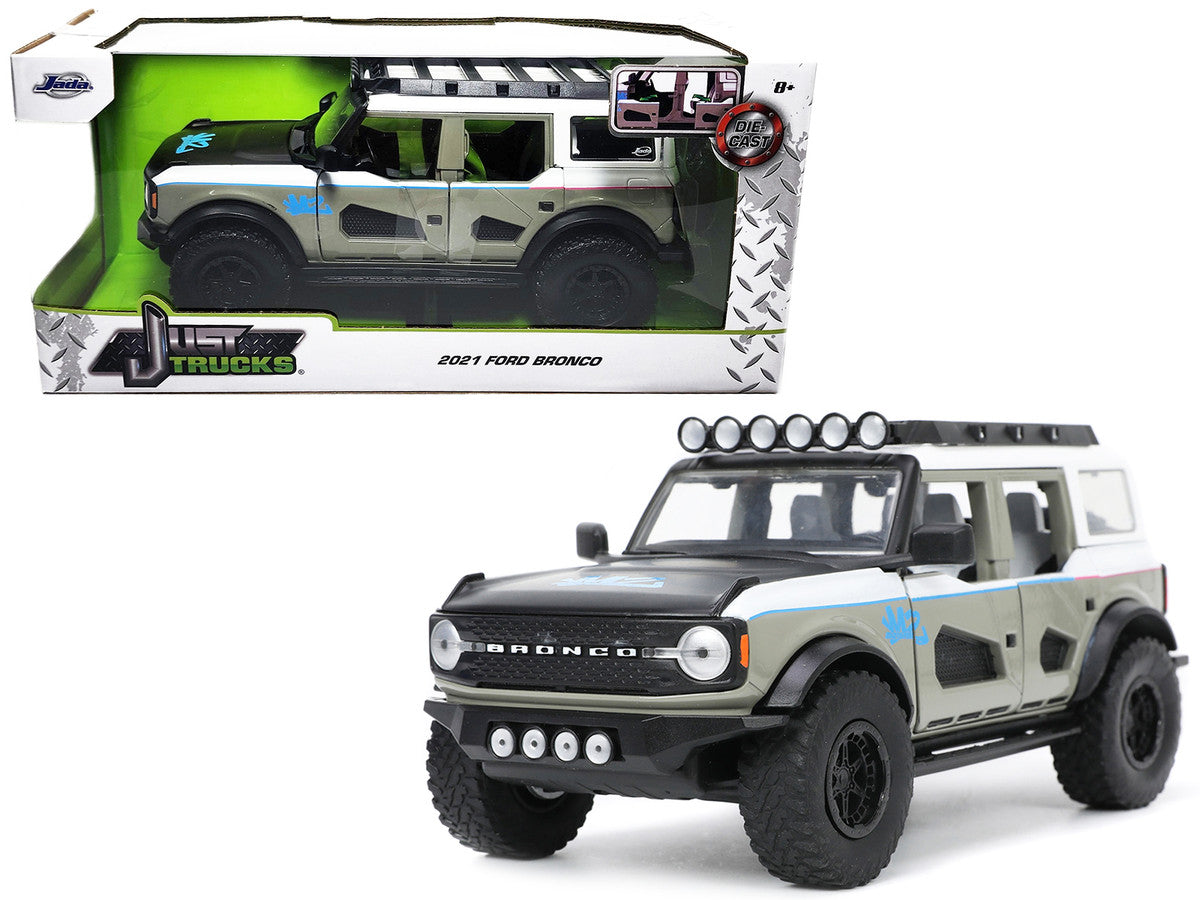 2021 Ford Bronco Gray and White with Matt Black Hood with Roof Rack "M2 Motoring" "Just Trucks" Series 1/24 Diecast Model Car by Jada Jada