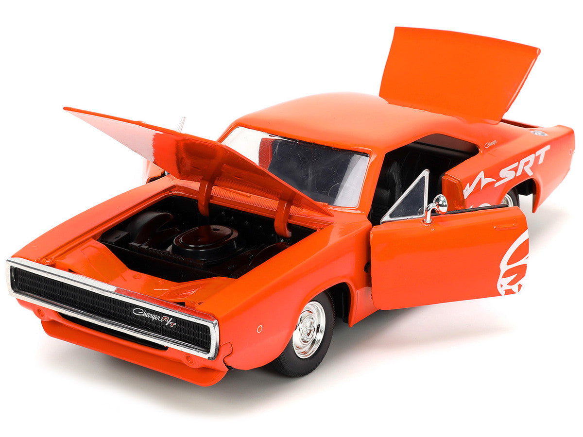 1968 Dodge Charger R/T SRT Orange with White Stripes and Graphics "Bigtime Muscle" Series 1/24 Diecast Model Car by Jada Jada