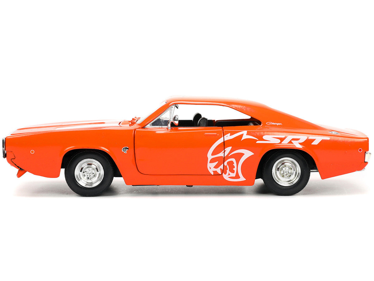 1968 Dodge Charger R/T SRT Orange with White Stripes and Graphics "Bigtime Muscle" Series 1/24 Diecast Model Car by Jada Jada