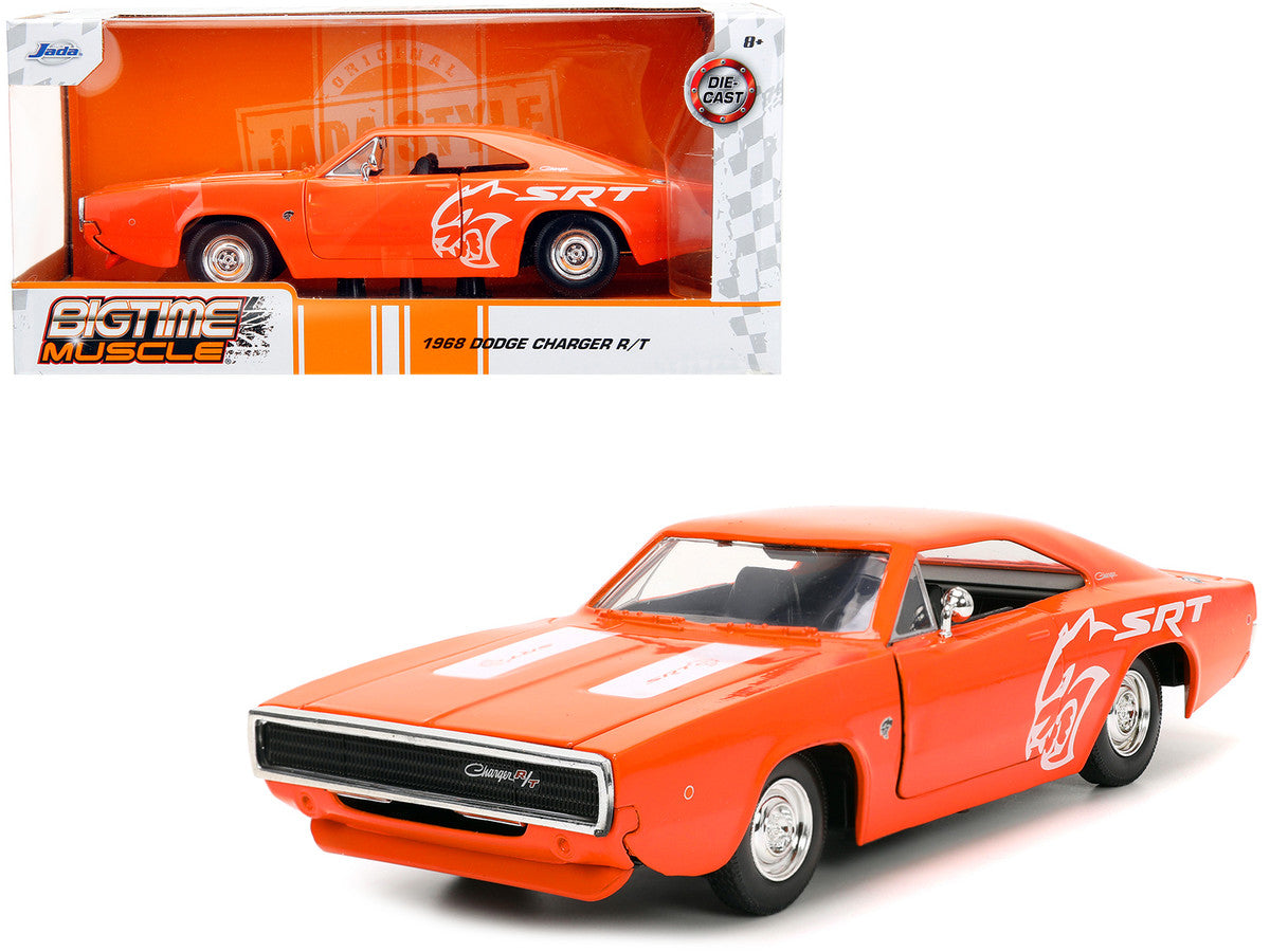 1968 Dodge Charger R/T SRT Orange with White Stripes and Graphics "Bigtime Muscle" Series 1/24 Diecast Model Car by Jada Jada