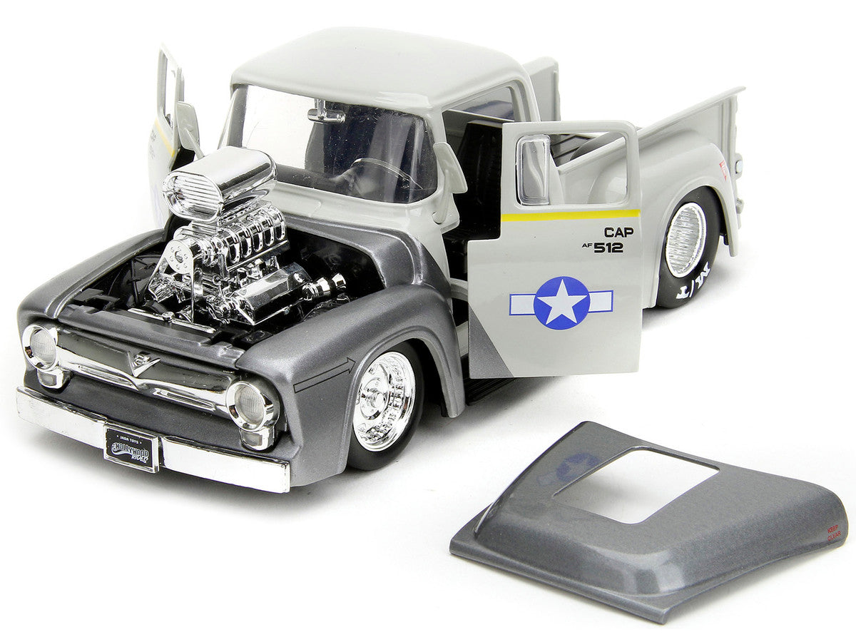 1956 Ford F-100 Pickup Truck Tan and Gray Metallic and Guile Diecast Figure "Street Fighter" Video Game "Anime Hollywood Rides" Series 1/24 Diecast Model Car by Jada Jada