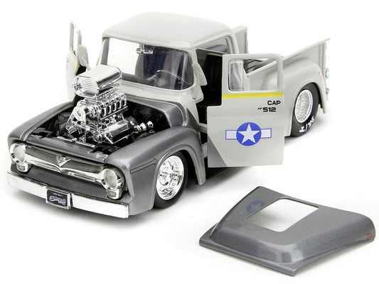 1956 Ford F-100 Pickup Truck Tan and Gray Metallic and Guile Diecast Figure "Street Fighter" Video Game "Anime Hollywood Rides" Series 1/24 Diecast Model Car by Jada Jada