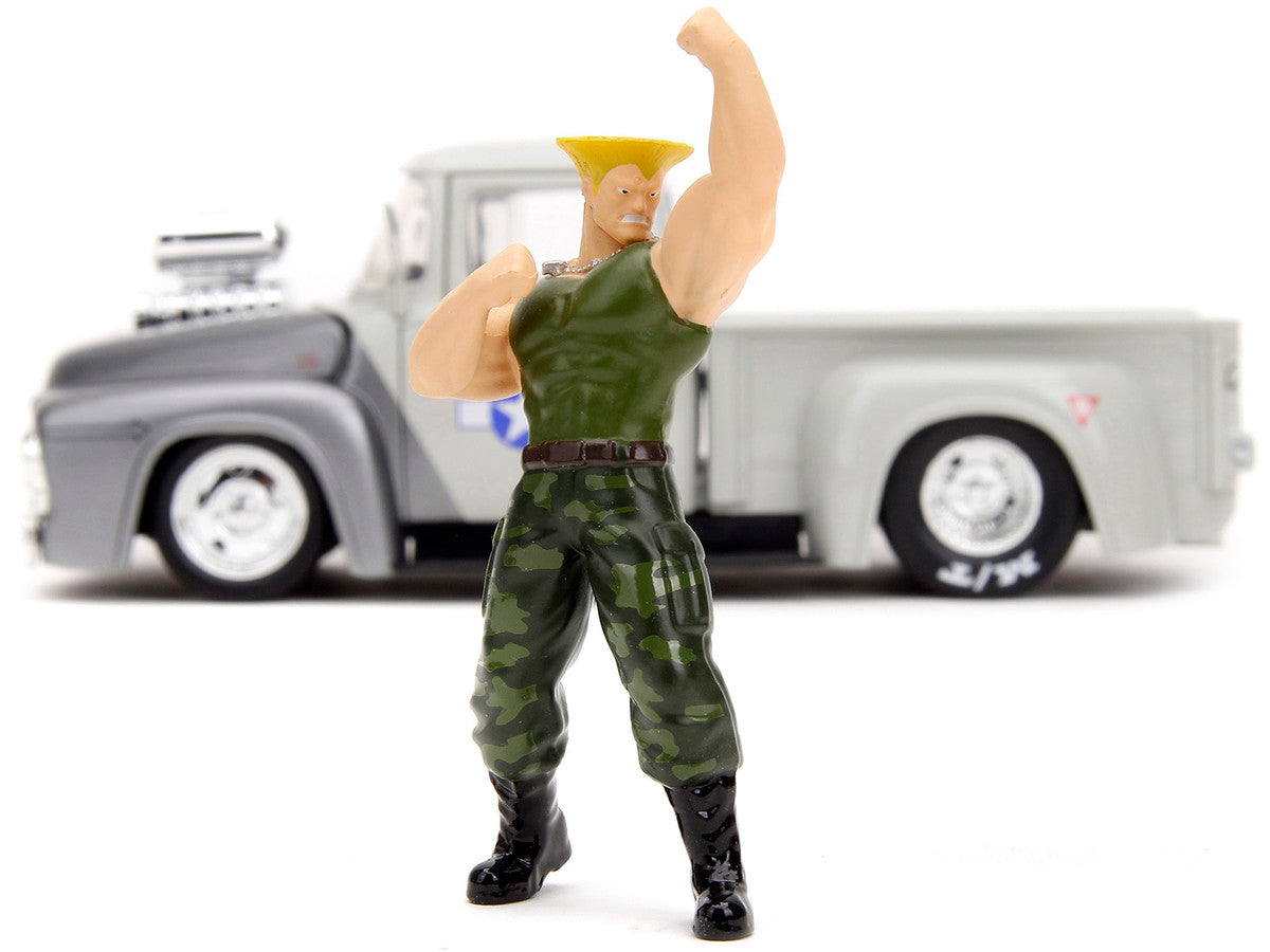 1956 Ford F-100 Pickup Truck Tan and Gray Metallic and Guile Diecast Figure "Street Fighter" Video Game "Anime Hollywood Rides" Series 1/24 Diecast Model Car by Jada Jada