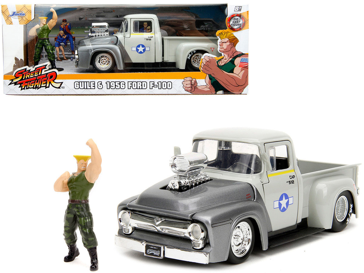 1956 Ford F-100 Pickup Truck Tan and Gray Metallic and Guile Diecast Figure "Street Fighter" Video Game "Anime Hollywood Rides" Series 1/24 Diecast Model Car by Jada Jada