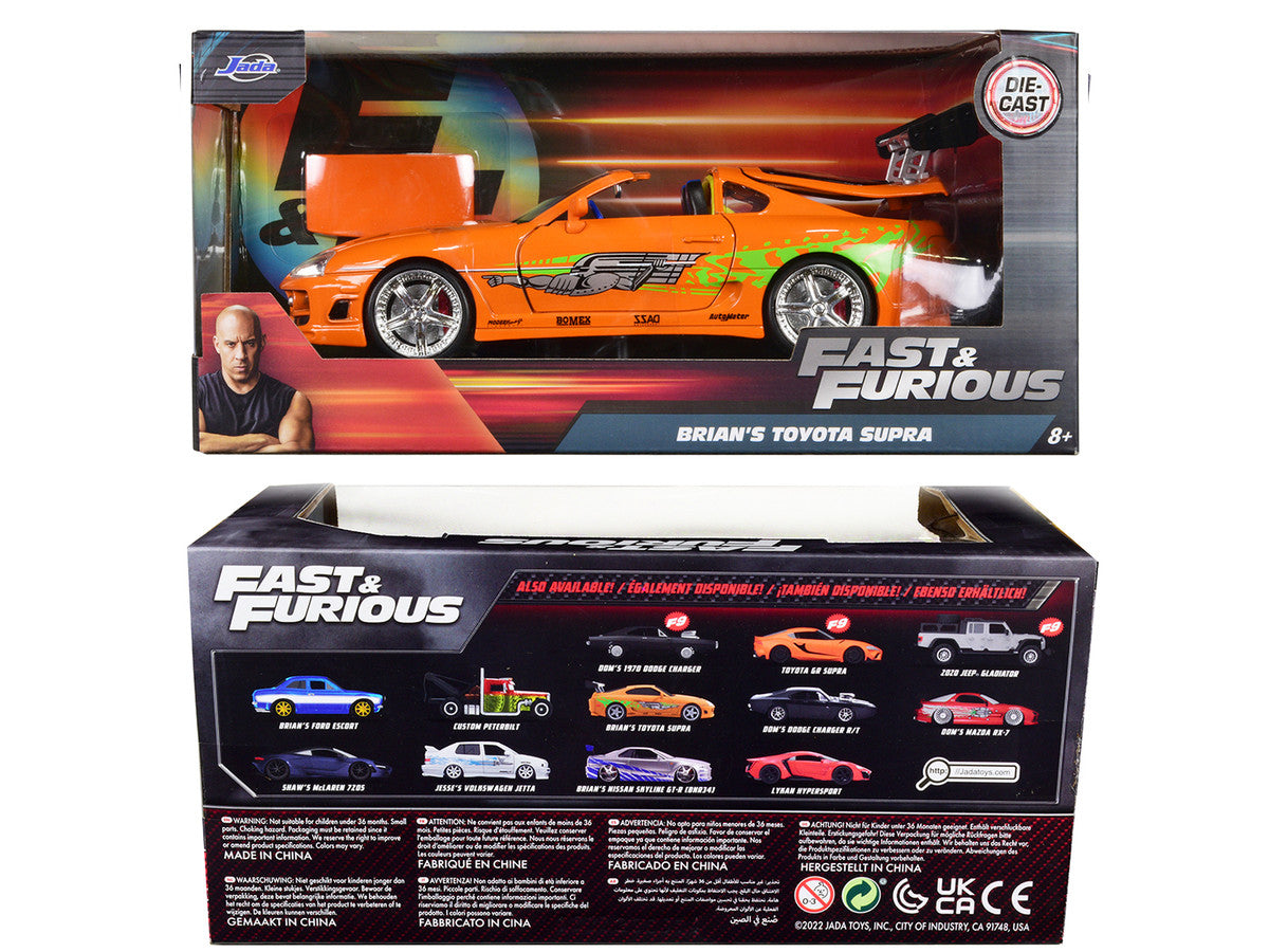 Brian's Toyota Supra Orange with Graphics "Fast & Furious" Movie 1/24 Diecast Model Car by Jada Jada