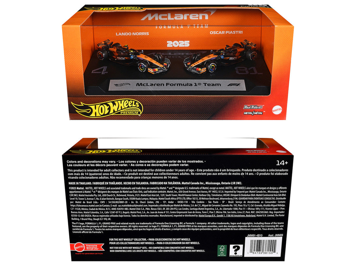 "McLaren Formula 1 Team" Formula One F1 World Championship (2025) 2 Piece Set Diecast Model Cars by Hot Wheels Hotwheels