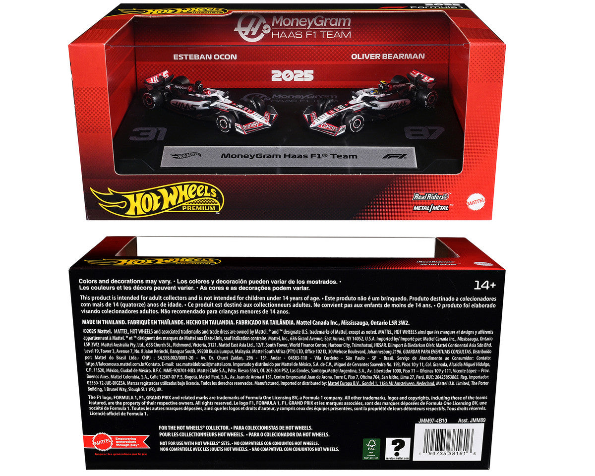 "MoneyGram Haas F1 Team" Formula One F1 World Championship (2025) 2 Piece Set Diecast Model Cars by Hot Wheels Hotwheels