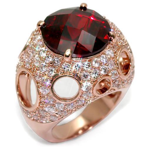 LO1507 - Rose Gold Brass Ring with AAA Grade CZ  in Garnet Alamode