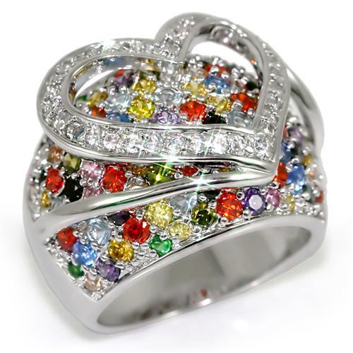 LO1510 - Rhodium Brass Ring with AAA Grade CZ  in Multi Color Alamode