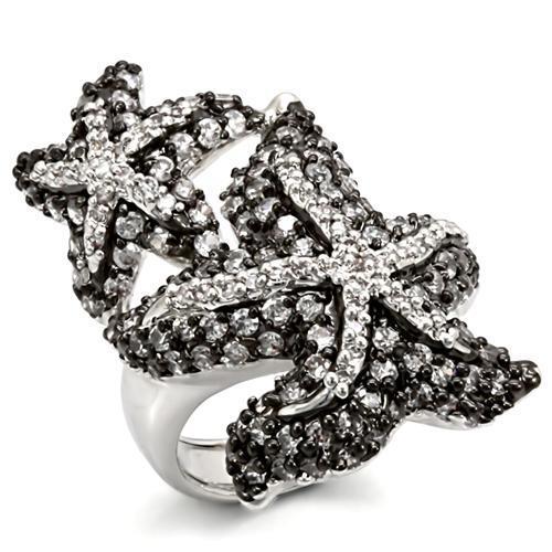 LO1581 - Rhodium + Ruthenium Brass Ring with AAA Grade CZ  in Clear-0