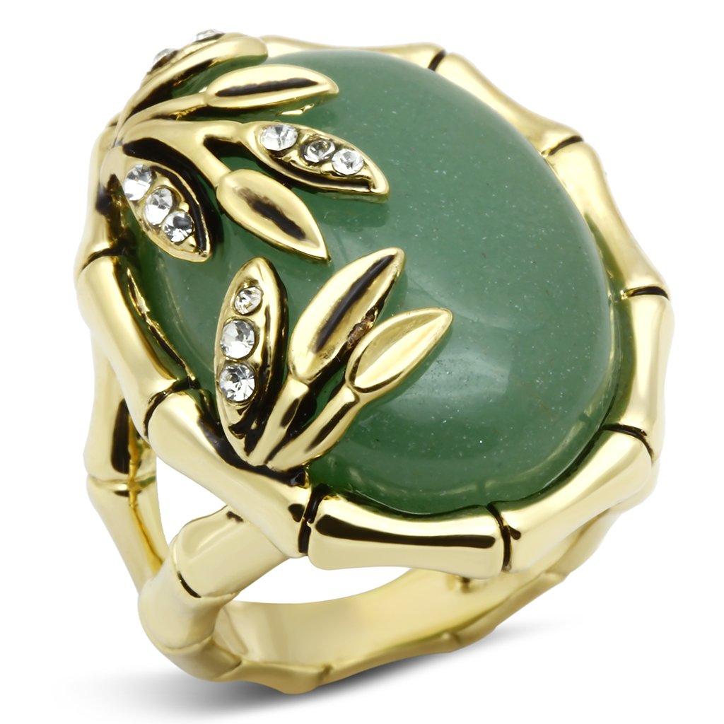 LO2609 - Gold Brass Ring with Semi-Precious Jade in Emerald Alamode