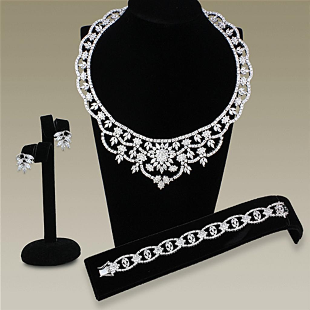 LO3291 - Rhodium Brass Jewelry Sets with AAA Grade CZ  in Clear-0
