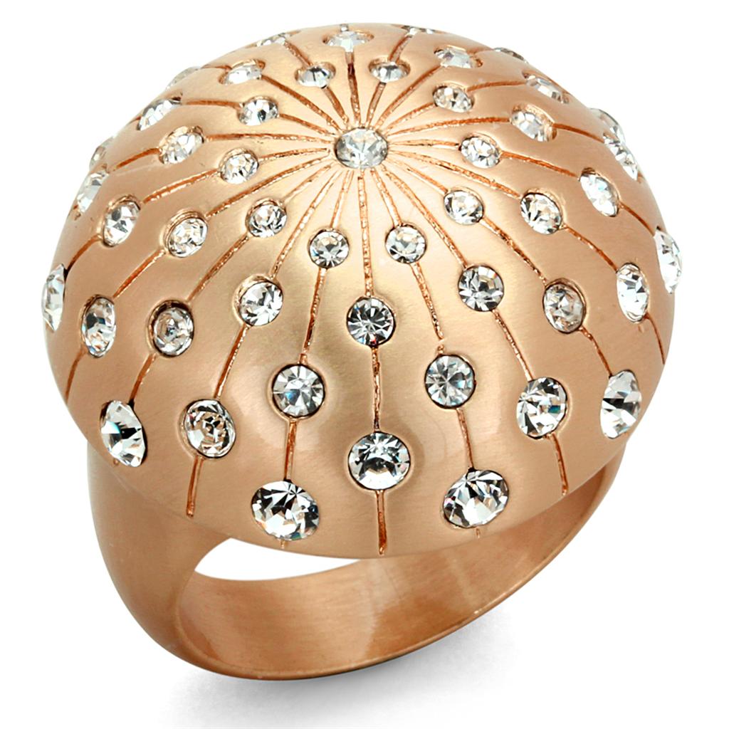 LO3514 - Rose Gold Brass Ring with Top Grade Crystal  in Clear Alamode