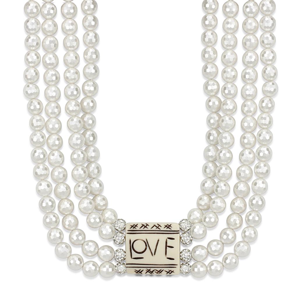 LO3820 - Antique Silver White Metal Necklace with Synthetic Glass Bead in White-0