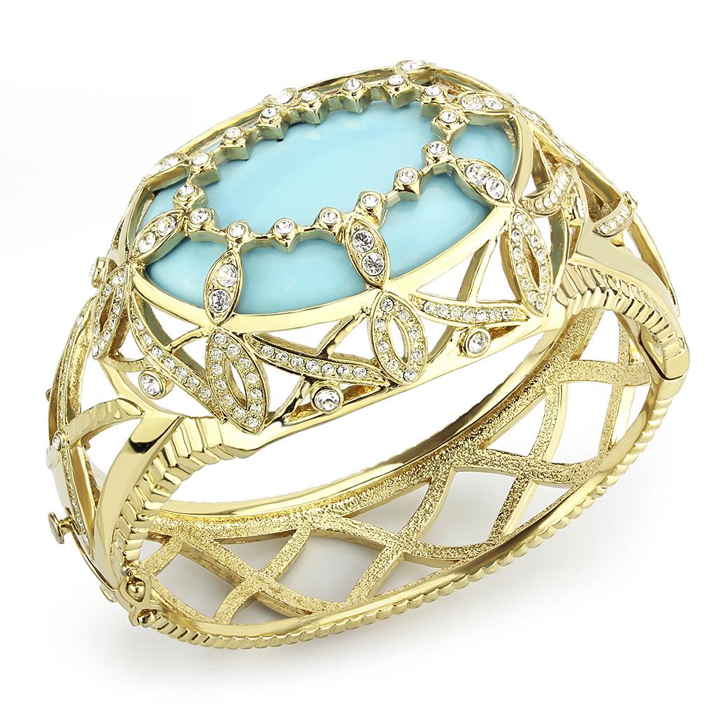 LO4348 - Gold Brass Bangle with Synthetic  in Sea Blue Alamode