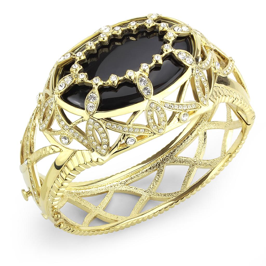 LO4349 - Gold Brass Bangle with Synthetic  in Jet Alamode