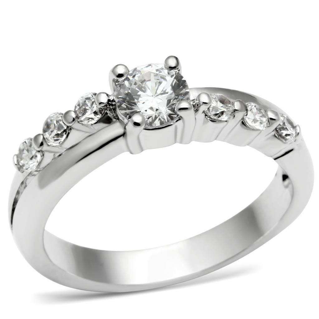 LO4713 - Rhodium Brass Ring with AAA Grade CZ  in Clear Alamode