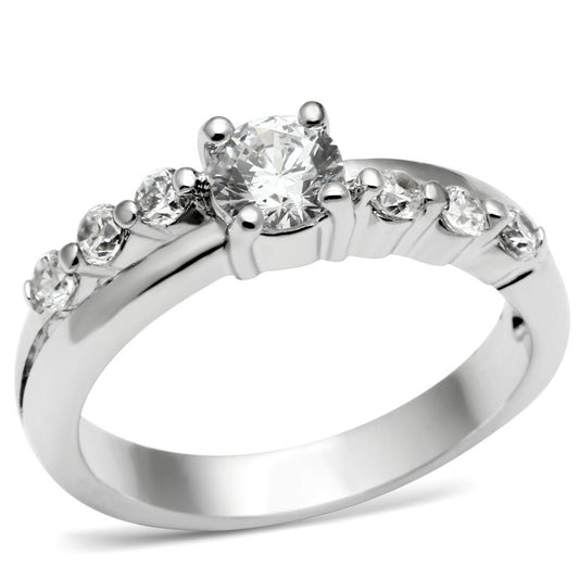 LO4713 - Rhodium Brass Ring with AAA Grade CZ  in Clear Alamode