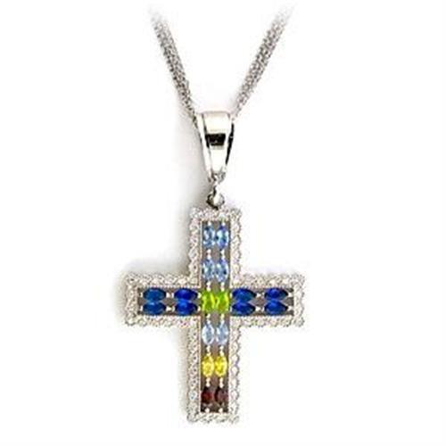 LOA556 - Rhodium 925 Sterling Silver Necklace with AAA Grade CZ  in Multi Color Alamode