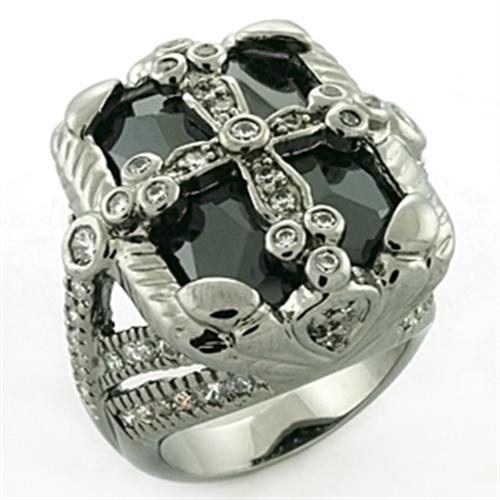 LOA708 - Rhodium + Ruthenium Brass Ring with AAA Grade CZ  in Jet Alamode