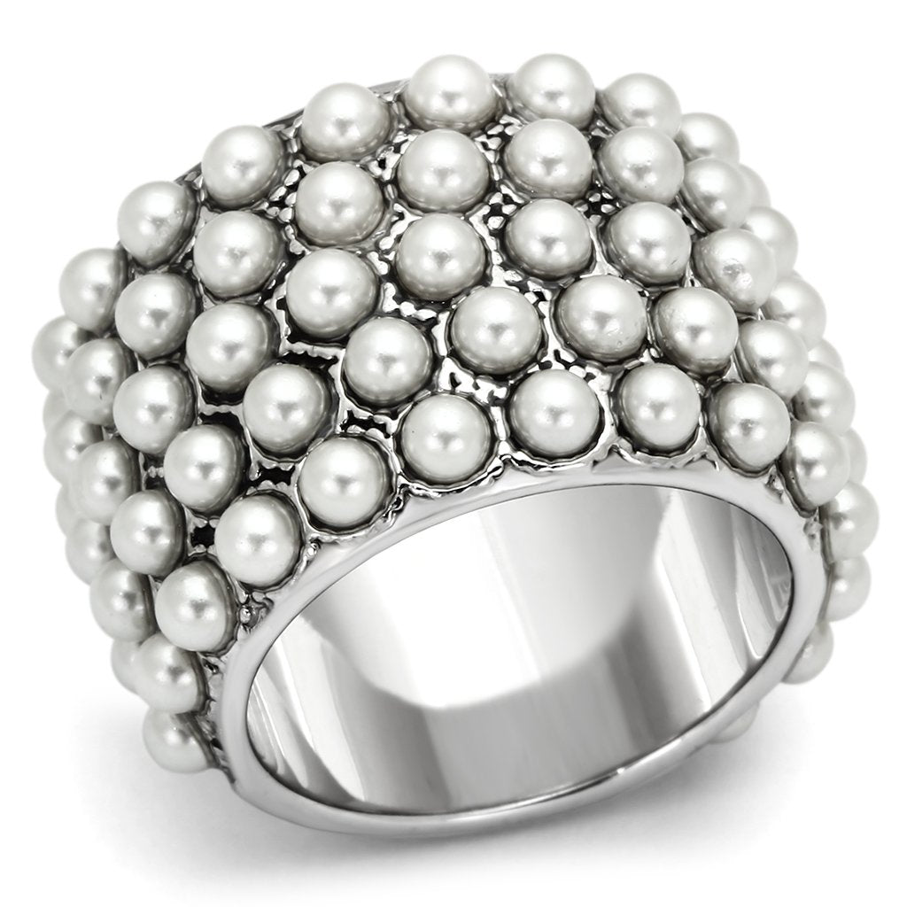 LOA832 - Rhodium Brass Ring with Synthetic Pearl in White Alamode