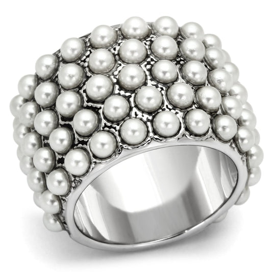 LOA832 - Rhodium Brass Ring with Synthetic Pearl in White Alamode