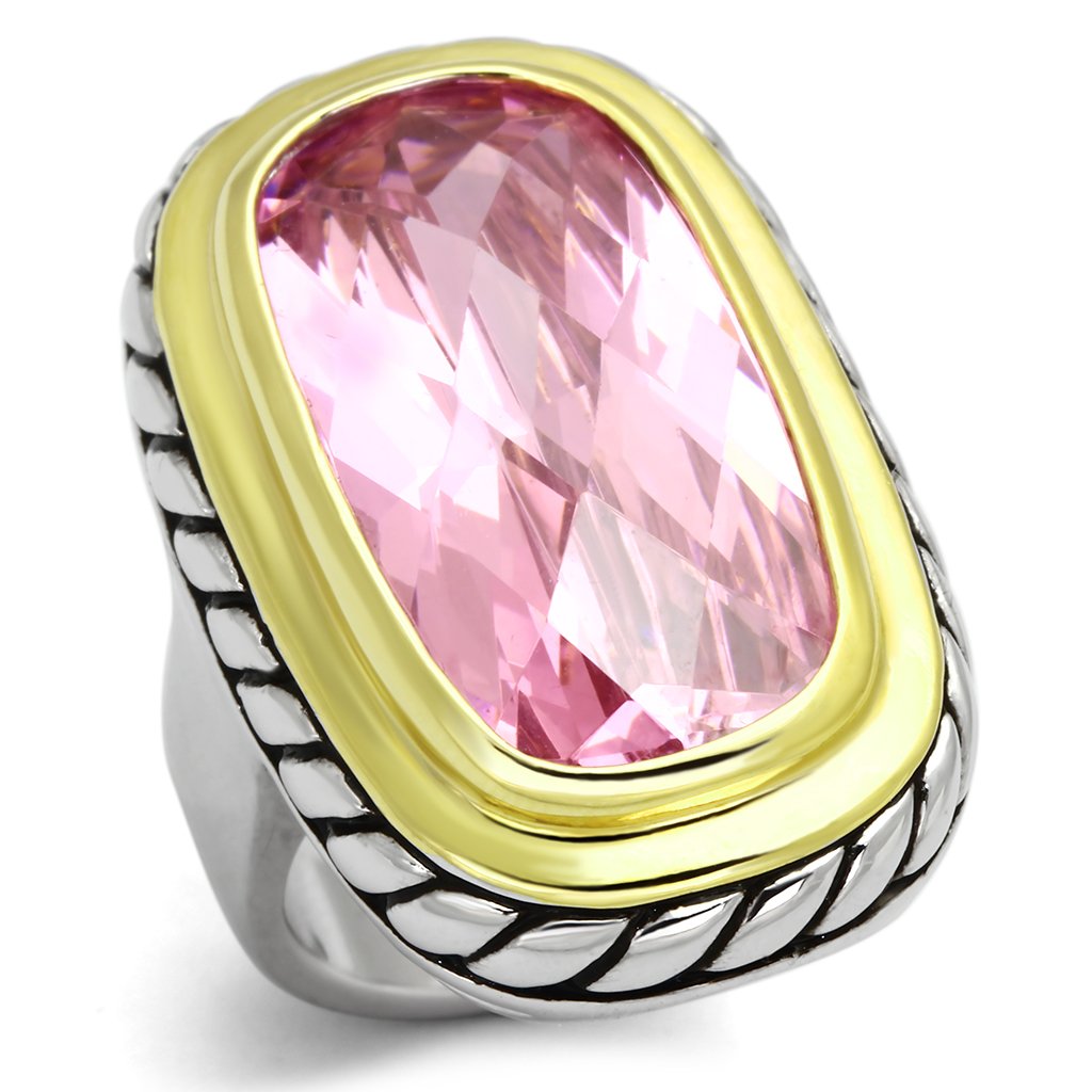 LOA841 - Reverse Two-Tone Brass Ring with AAA Grade CZ  in Rose Alamode