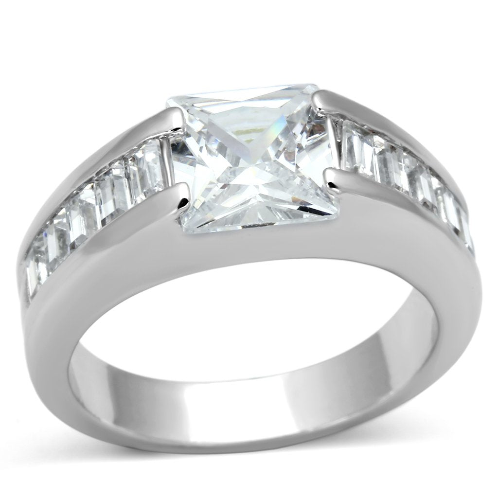 LOA843 - Rhodium Brass Ring with AAA Grade CZ  in Clear Alamode