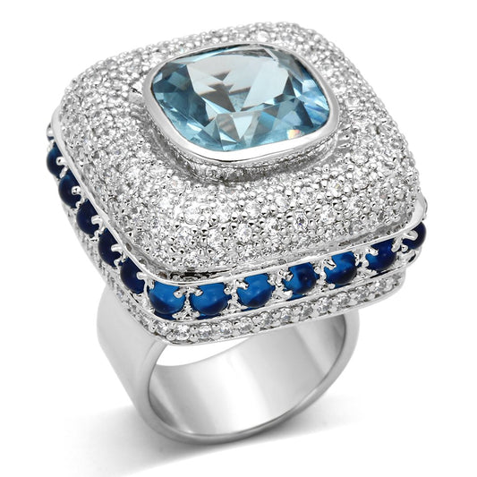 LOA861 - Rhodium Brass Ring with Synthetic Spinel in London Blue Alamode