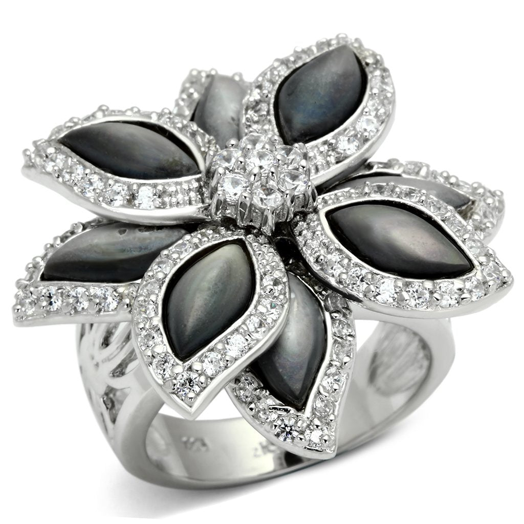 LOS555 - Rhodium 925 Sterling Silver Ring with Precious Stone Conch in Jet Alamode