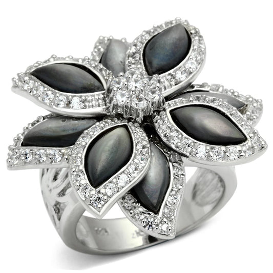 LOS555 - Rhodium 925 Sterling Silver Ring with Precious Stone Conch in Jet Alamode