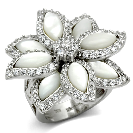 LOS556 - Rhodium 925 Sterling Silver Ring with Precious Stone Conch in White Alamode