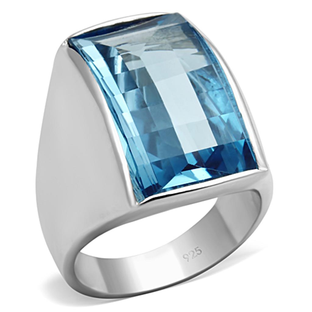 LOS691 - Silver 925 Sterling Silver Ring with Synthetic Spinel in Sea Blue Alamode