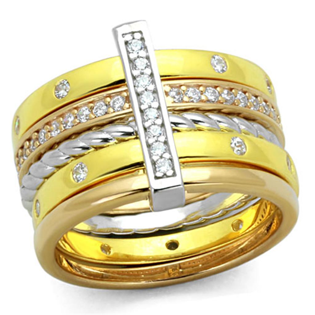 LOS810 - Rhodium + Gold + Rose Gold 925 Sterling Silver Ring with AAA Grade CZ  in Clear-0