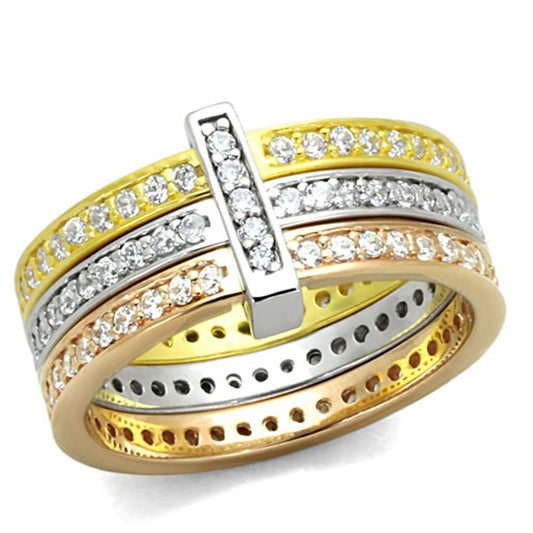 LOS811 - Rhodium + Gold + Rose Gold 925 Sterling Silver Ring with AAA Grade CZ  in Clear Alamode