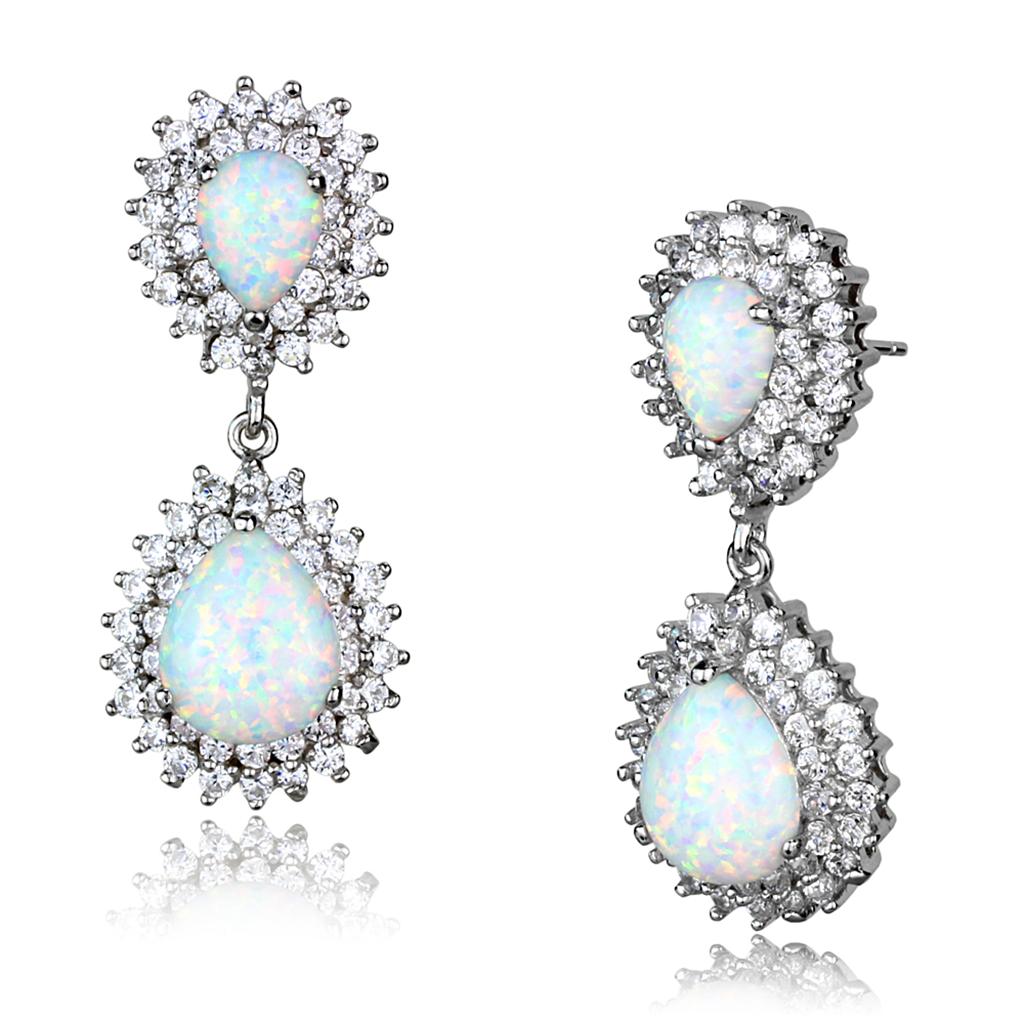 LOS879 - Rhodium 925 Sterling Silver Earrings with Semi-Precious Opal in Aurora Borealis (Rainbow Effect) Alamode