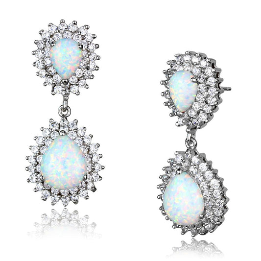 LOS879 - Rhodium 925 Sterling Silver Earrings with Semi-Precious Opal in Aurora Borealis (Rainbow Effect) Alamode