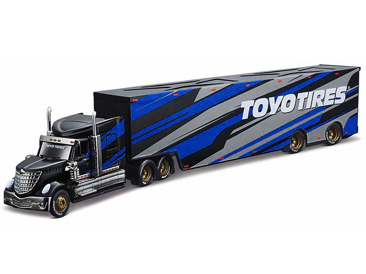 International LoneStar Enclosed Car Transporter "Toyo Tires" Black with Blue and Gray Stripes "Custom Haulers" Series 1/64 Diecast Model by Maisto Maisto