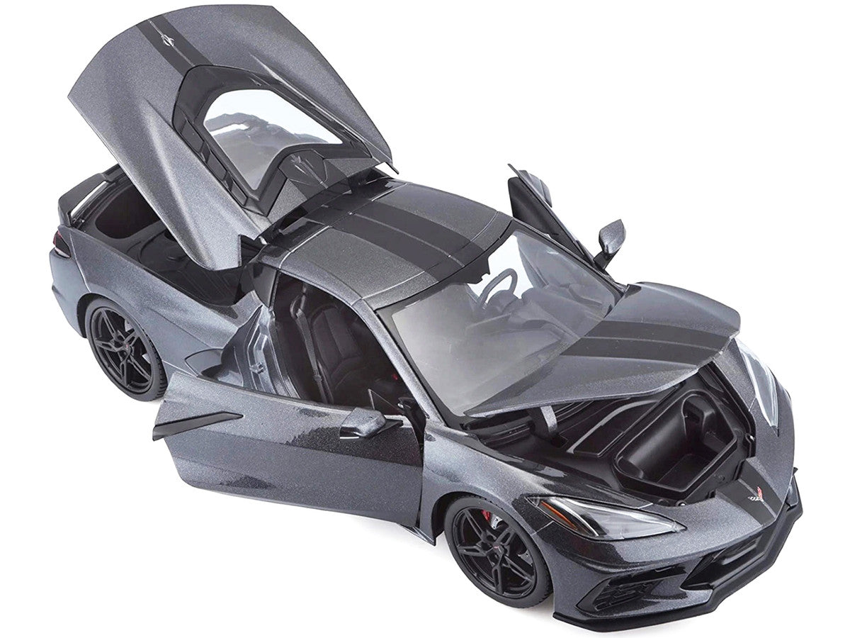 2020 Chevrolet Corvette Stingray C8 Dark Gray Metallic with Racing Stripes 1/18 Diecast Model Car by Maisto Maisto