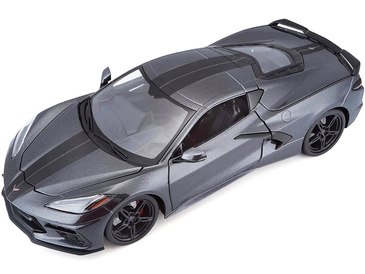 2020 Chevrolet Corvette Stingray C8 Dark Gray Metallic with Racing Stripes 1/18 Diecast Model Car by Maisto Maisto