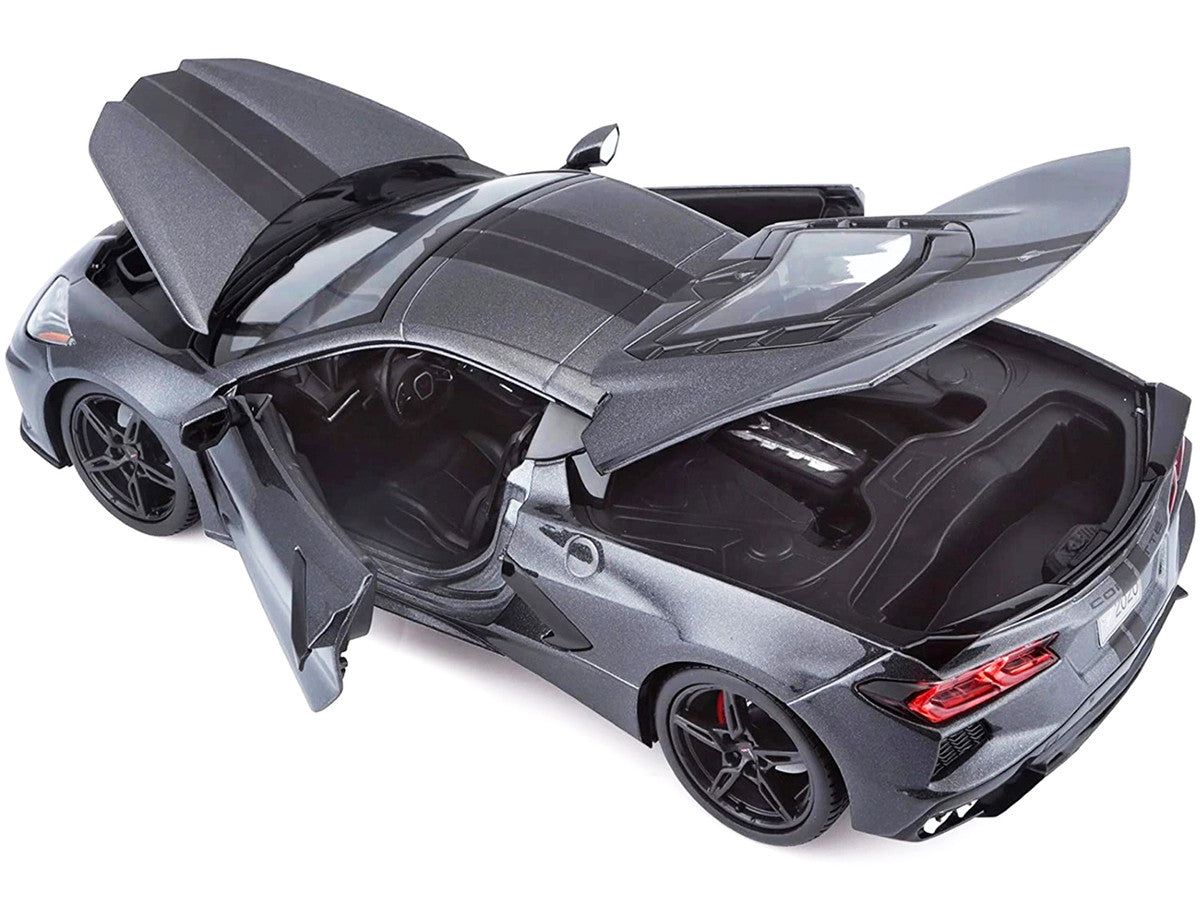 2020 Chevrolet Corvette Stingray C8 Dark Gray Metallic with Racing Stripes 1/18 Diecast Model Car by Maisto Maisto